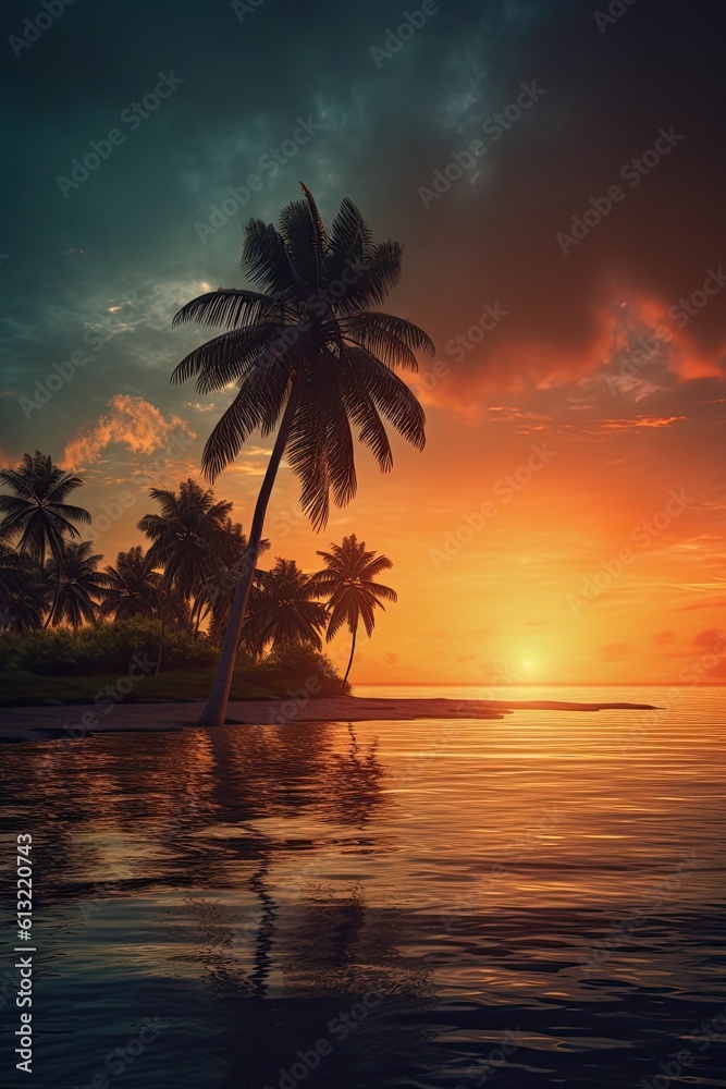 Gorgeous Sunset Over Tropical Beach with Palm Trees and Sea View. Generative AI