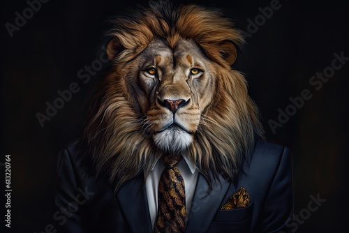 Majestic Regal Lion in a Formal Business Suit Staring into the Dark Background, Generative AI