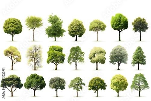 Collection of various types of trees like oak  spruce  dogwood  crape  koa  maple  willow  cherry  pine  palm on white background Generative AI