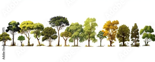 Collection of various types of trees like oak, spruce, dogwood, crape, koa, maple, willow, cherry, pine, palm on white background Generative AI photo