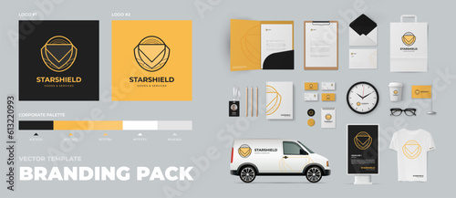 Shiled form minimal logo template and corporate branding basic elements pack. Orange and black colors, premium vector design. Presentation of corporate identity.