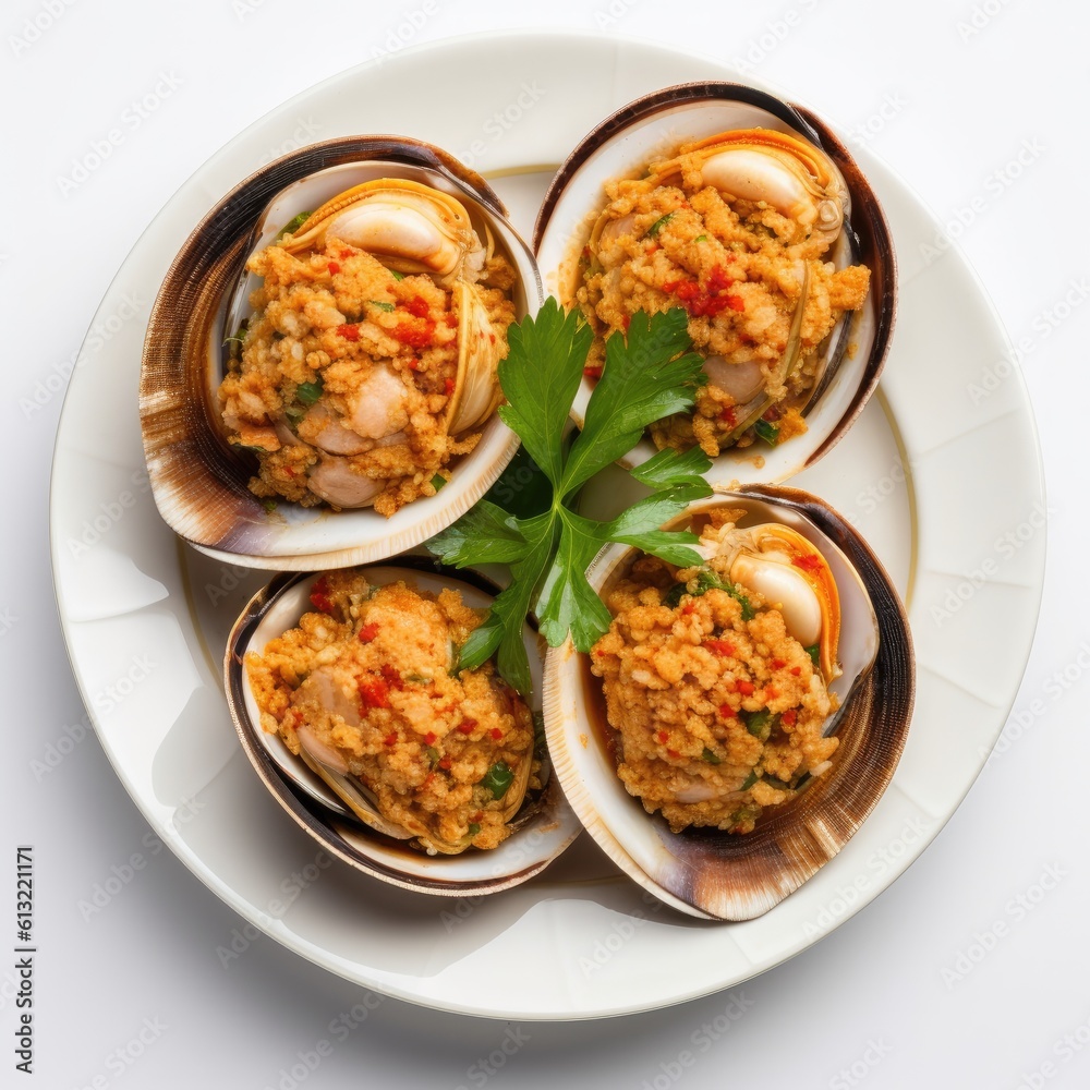 Stuffed Clams Clams Casino isolated on white background. Generative AI Stuffed Clams Clams Casino isolated on white background. Generative AI