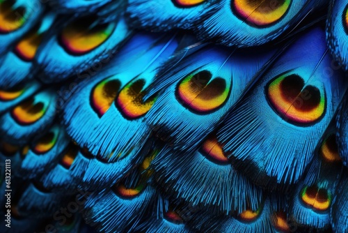 Close up of peacock feathers. Colorful peacock feathers background. macro photo. generative AI