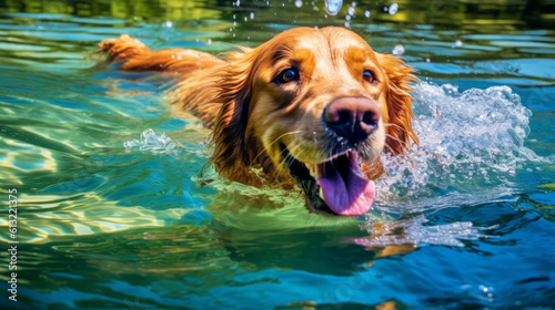 Dog's Summer Day - Golden Retriever Swimming - Animal art made with Generative AI © LEMAT WORKS