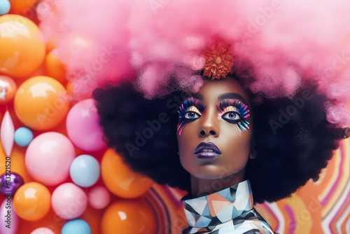 Generative AI illustration of human face of black female fashion model with colorful eccentric makeup and dark Afro hair looking at camera