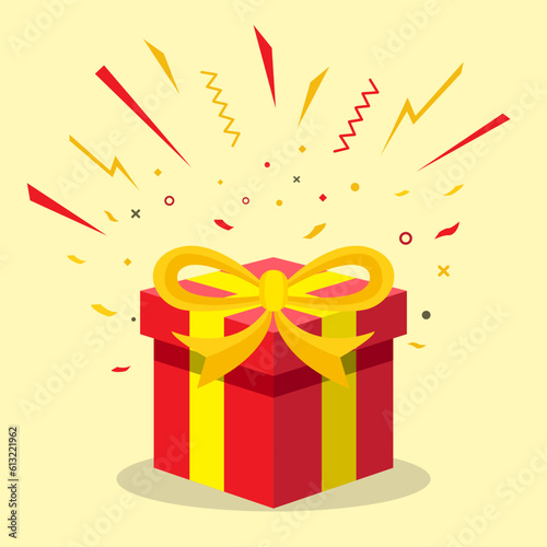 Red gift box valentine, doorprize box. Vector illustration of surprise red gift box.  Perfect for birthday celebration, give away package, or loyalty program reward theme design.