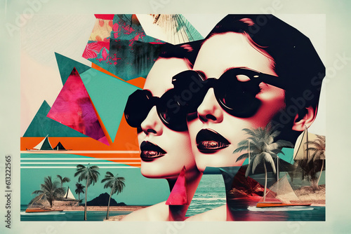 Generative AI illustration of multiple image of young female in trendy sunglasses with beautiful island sea and boats photo