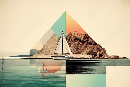 Generative AI illustration of picturesque scenery of sailboat floating on rippling sea water near rocky cliff against sky on sunny day photo