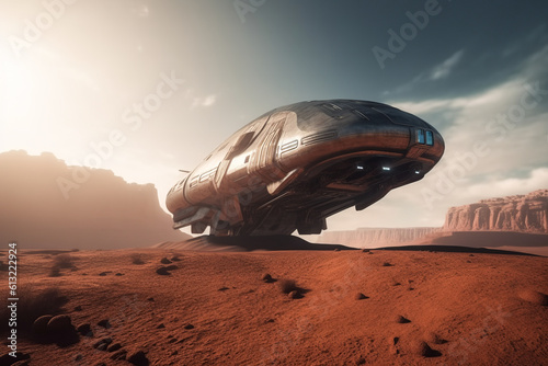Generative AI image of spaceship on mission of discovery and exploring mysteries of universe landed on rocky surface of planet with desert