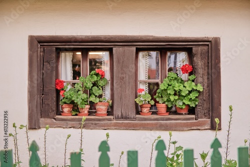 A front side of the traditional old house decorated by flowers at Prerov nad Labem, Czech republic photo