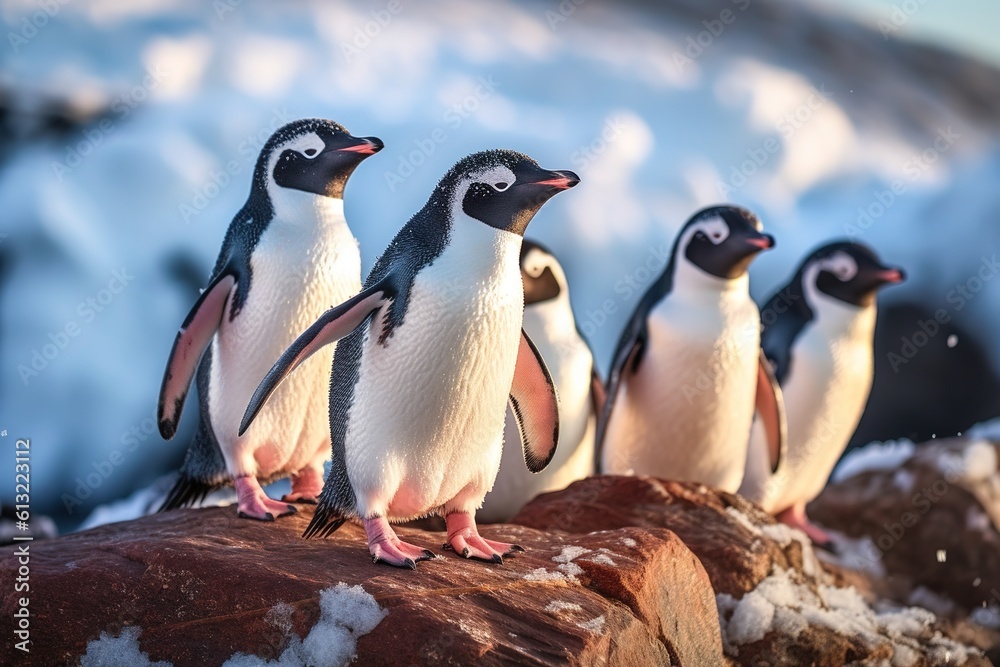 Obraz premium Cute group of penguins in the Antarctica. Generative AI