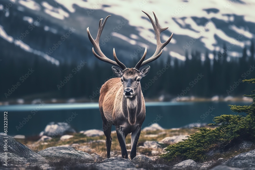 Majestic deer in Canadian wild nature in winter. Generative AI Majestic deer in Canadian wild nature in winter. Generative AI