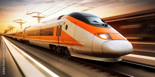 High speed modern train in motion. Generative AI