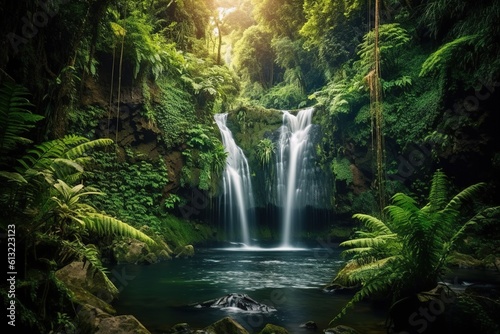 Mystic scenic view of hidden waterfall in rainforest. Generative AI