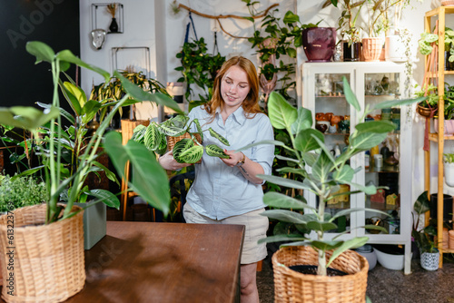 Foto A pretty red-haired shopkeeper or worker stands behind the counter and holding a pot with a white-veined Maranta plant in her hands