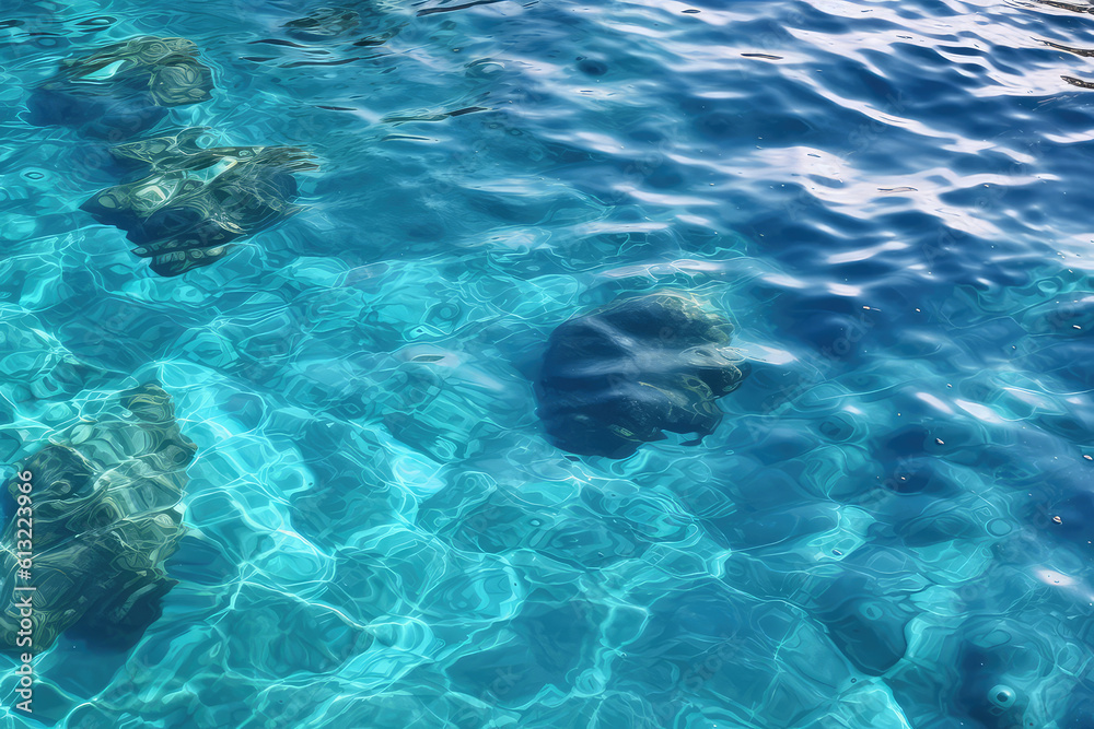 Texture of shiny bright blue clear water with small waves. The texture of the ocean or sea on a sunny day, background for web promotion. Generative AI professional photo imitation.