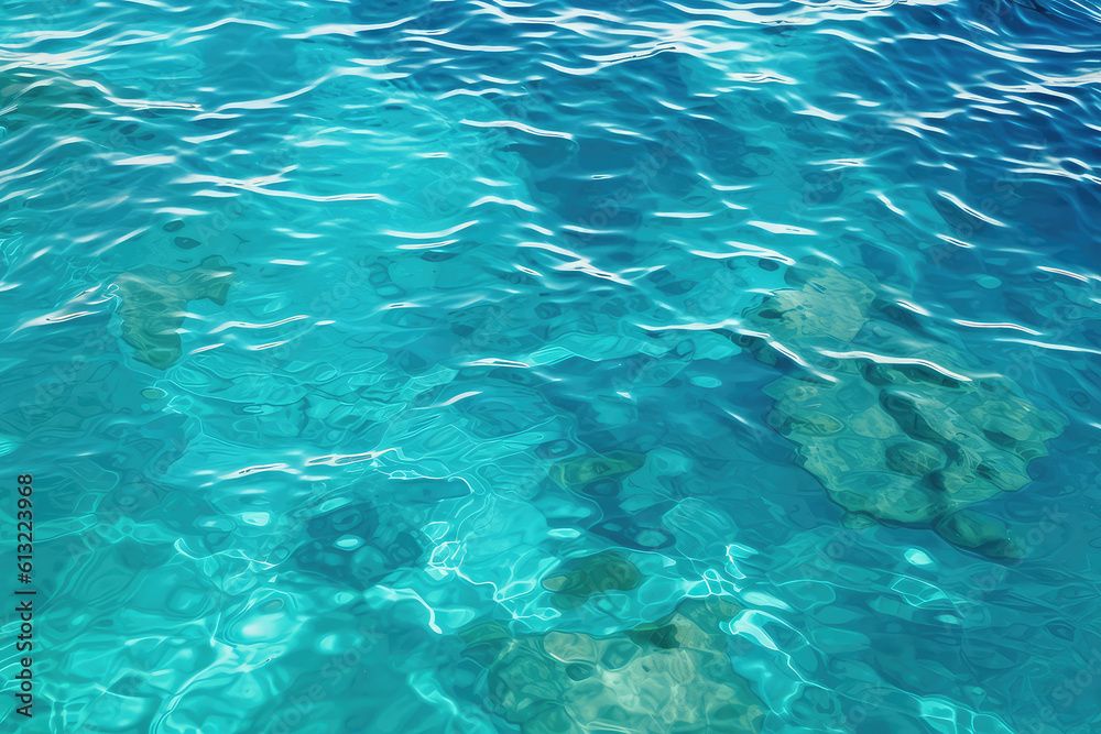 View from top Texture of shiny bright blue clear water with small waves. The texture of the ocean or sea on a sunny day, backdrop for web promotion. Generative AI professional photo imitation.