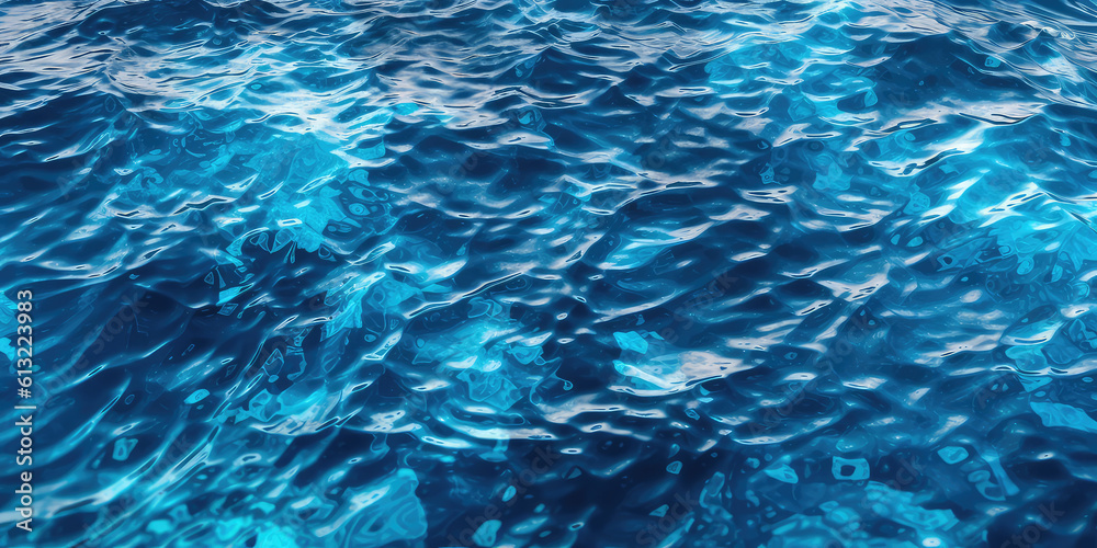Top view Texture of shiny bright blue clear water with small waves. The texture of the ocean or sea on a sunny day, backdrop for web promotion. Generative AI professional photo imitation.