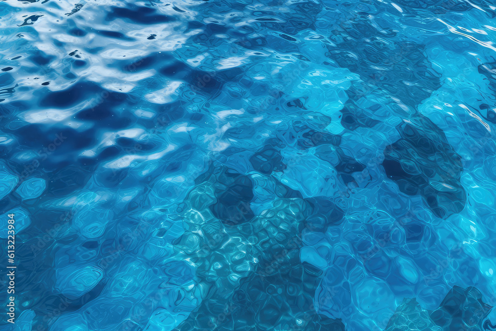 Texture of shiny bright blue clear water with small waves. The texture of the ocean or sea on a sunny day, backdrop for banner, web promotion. Generative AI professional photo imitation.