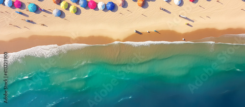 Aerial view illustration of beautiful tropical sea and beach and colorful umbrella.landscape summer or holiday background.generative ai art