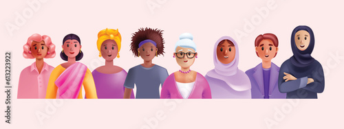 3D women international day banner, vector cartoon female diverse multicultural strong character. Equal rights concept, different race feminism community, business colleague group portrait. Women day