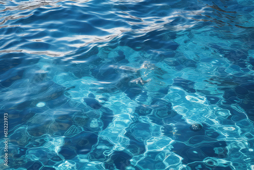 Texture of shiny bright blue clear water with little waves. The texture of the ocean or sea on a sunny day, backdrop for web promotion. Generative AI professional photo imitation.