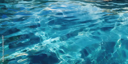 Overhead Texture of shiny bright blue clear water with small waves. The texture of the ocean or sea on a sunny day  backdrop for web promotion. Generative AI professional photo imitation.