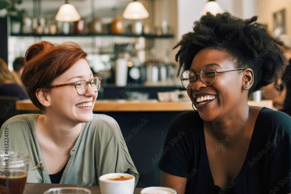 Generative AI illustration portrait of cheerful diverse young females in casual clothes and eyeglasses smiling while sitting at table of coffee Generative AI illustration portrait of cheerful diverse young females in casual clothes and eyeglasses smiling while sitting at table of coffee