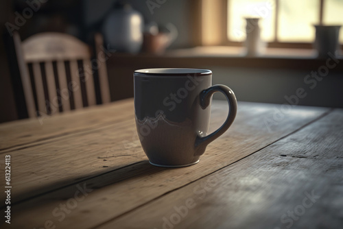 Generative AI illustration of dark grey mug of beverage placed on wooden dining table with chair in cozy room with blurred background at home photo