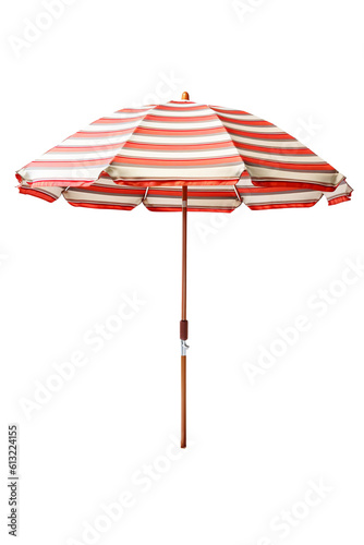 Open red striped beach umbrella isolated on white