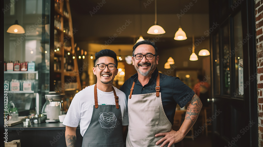 Portrait of two smiling asian entrepreneurs standing welcomingly together in their trendy cafe.Created with Generative AI technology.