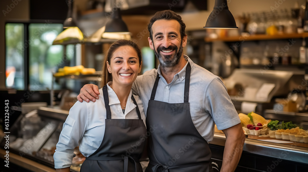 Portrait of two smiling entrepreneurs standing welcomingly together in their trendy cafe.Created with Generative AI technology. Portrait of two smiling entrepreneurs standing welcomingly together in their trendy cafe.Created with Generative AI technology.
