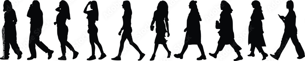 Set of ten women's walking full size silhouette design. vector-eps10.