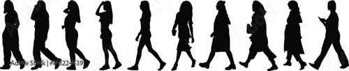 Set of ten women's walking full size silhouette design. vector-eps10.