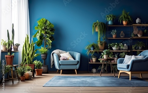 Living room interior with potted plants  blue wall and blue armchair. Indoor potted plants decoration. Generative AI.