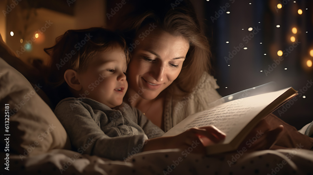 Young mother reading a book to her son in bed before going to sleep.Created with Generative AI technology. Young mother reading a book to her son in bed before going to sleep.Created with Generative AI technology.