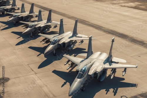 Fighter jets parked on an airport tarmac ready for takeoff. Generative AI photo