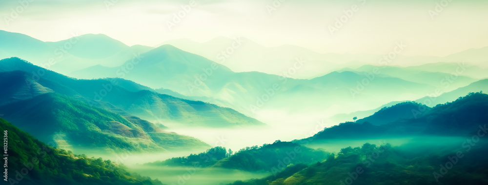 Abstract landscape of rain forest or evergreen forest with mountain layer in mist.beautiful nature background. ecology and environment.generative ai art