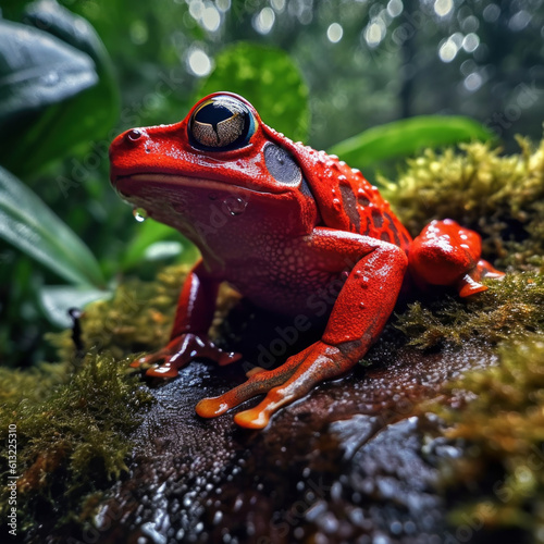 Generative AI illustration side view of closeup of bright red poisonous frog lying on stone and looking away in the green rainforest photo