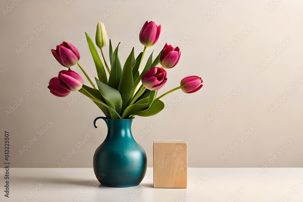 Tulip bouquet in a vase on a beige background with a wooden block sculpture as minimalist decor