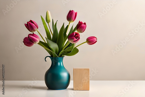 Tulip bouquet in a vase on a beige background with a wooden block sculpture as minimalist decor
