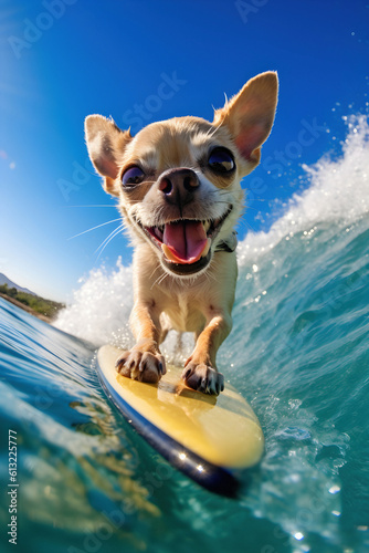 Illustration of a happy Chihuahua surfing on a wave in tropical waters. Generative AI. © Carsten Reisinger