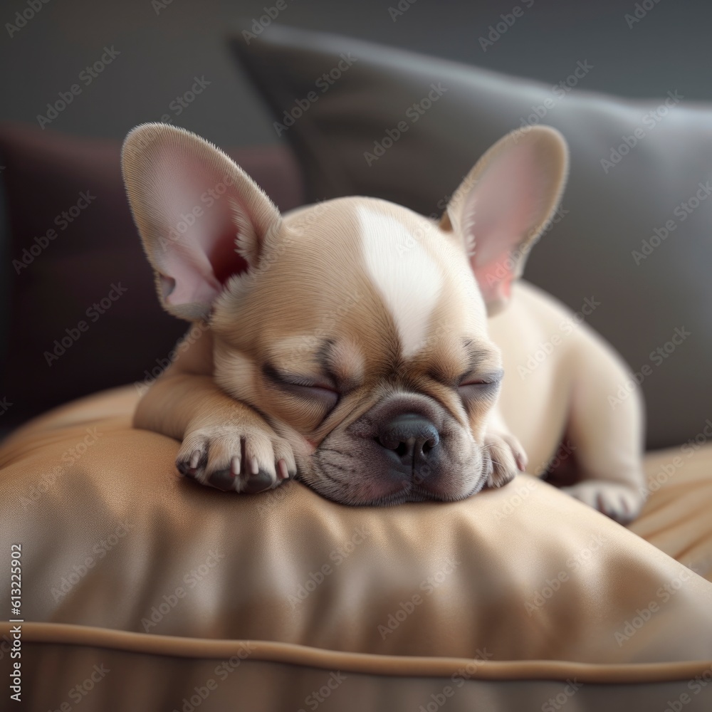Bulldog puppy sleeping on sofa pillow created by generative ai 