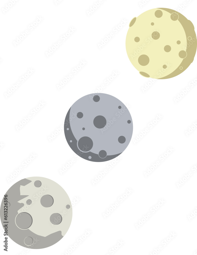 Fototapeta premium Vector set of 3 full Moons with holes in flat design style: yellow, silver and grey, isolated on white