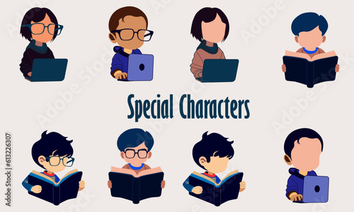 Set of Characters Engaged in Laptop Play and Book Reading. Playing on a laptop.  