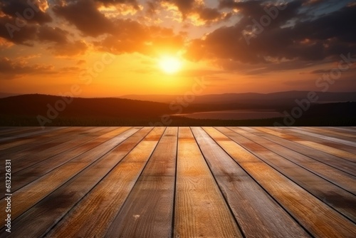 Beautiful sunset on a wooden floor. Generative AI