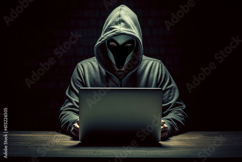 Anonymous hacker without recognizable face typing computer laptop.