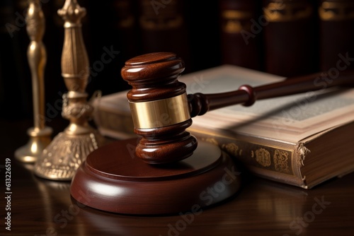 A wooden judge's gavel sitting on top of a wooden table