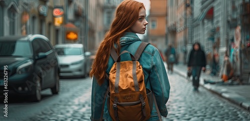 Back to school, Back of college student with backpack while going to university by walking from street, teenager in campus, education background, banner concept. Created with Generative AI technology.