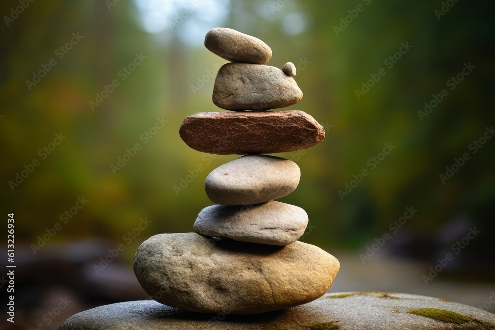 Balanced rock tower standing on a rocky terrain. Generative AI Balanced rock tower standing on a rocky terrain. Generative AI